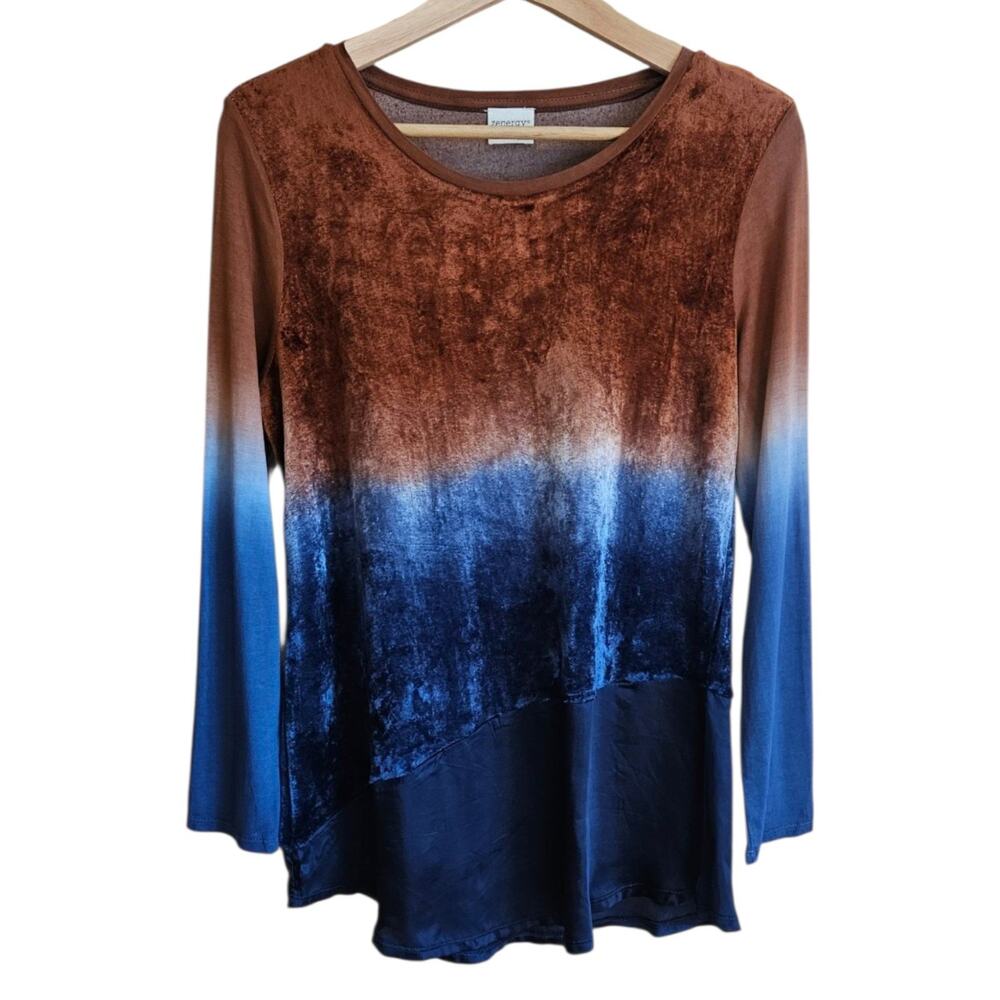 Zenergy by Chicos Top Womens Brown Blue Ombre Velvet Long Sleeve Scoop Neck